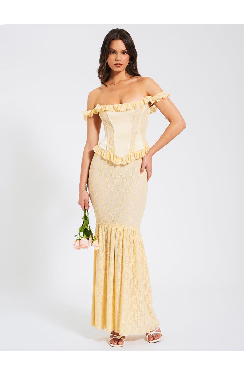 Miss Circle Ersilia Satin Lace Peplum Corset Off Shoulder Maxi Dress, Alternate, color, Pale Yellow