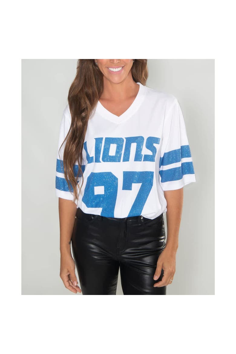 Women's Cuce Aidan Hutchinson White Detroit Lions Crystal V-Neck Tunic, Alternate, color, White
