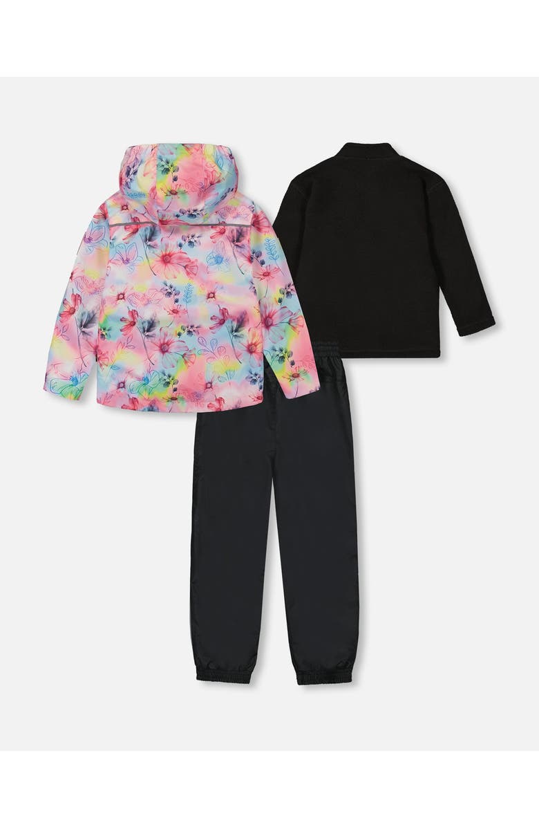 Deux par Deux Girl's 3-In-1 Mid-Season Outerwear Set With Printed Jacket Black And Multicolored Flowers, Alternate, color,