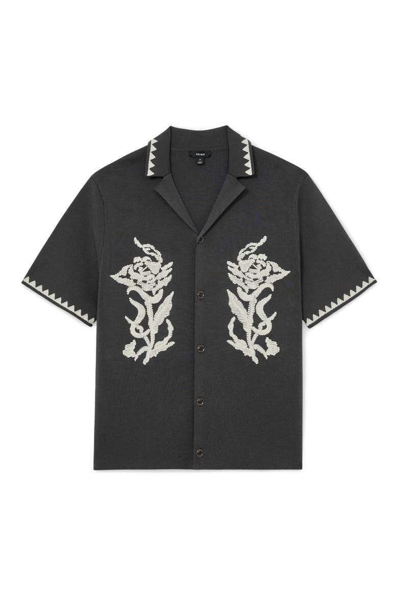 Folia Floral Embroidered Knit Camp Shirt, Alternate, color, ANTHRACITE GREY
