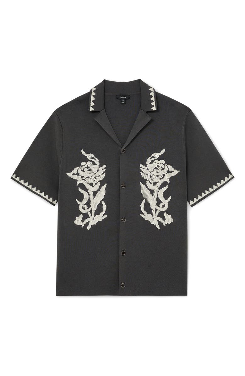 Reiss Folia Floral Embroidered Knit Camp Shirt, Alternate, color, Anthracite Grey