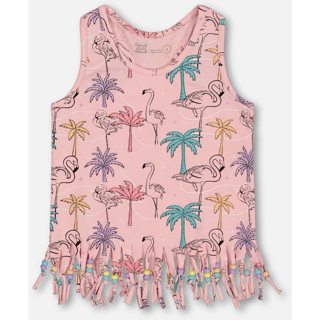 DEUX PAR DEUX DEUX PAR DEUX GIRL'S PRINTED ORGANIC COTTON TANK TOP WITH FRINGE PALM TREES, PINK FLAMINGO, AND TURQ