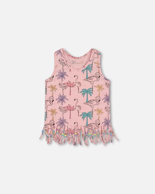 DEUX PAR DEUX DEUX PAR DEUX LITTLE GIRL'S PRINTED ORGANIC COTTON TANK TOP WITH FRINGE PALM TREES, PINK FLAMINGO, A 