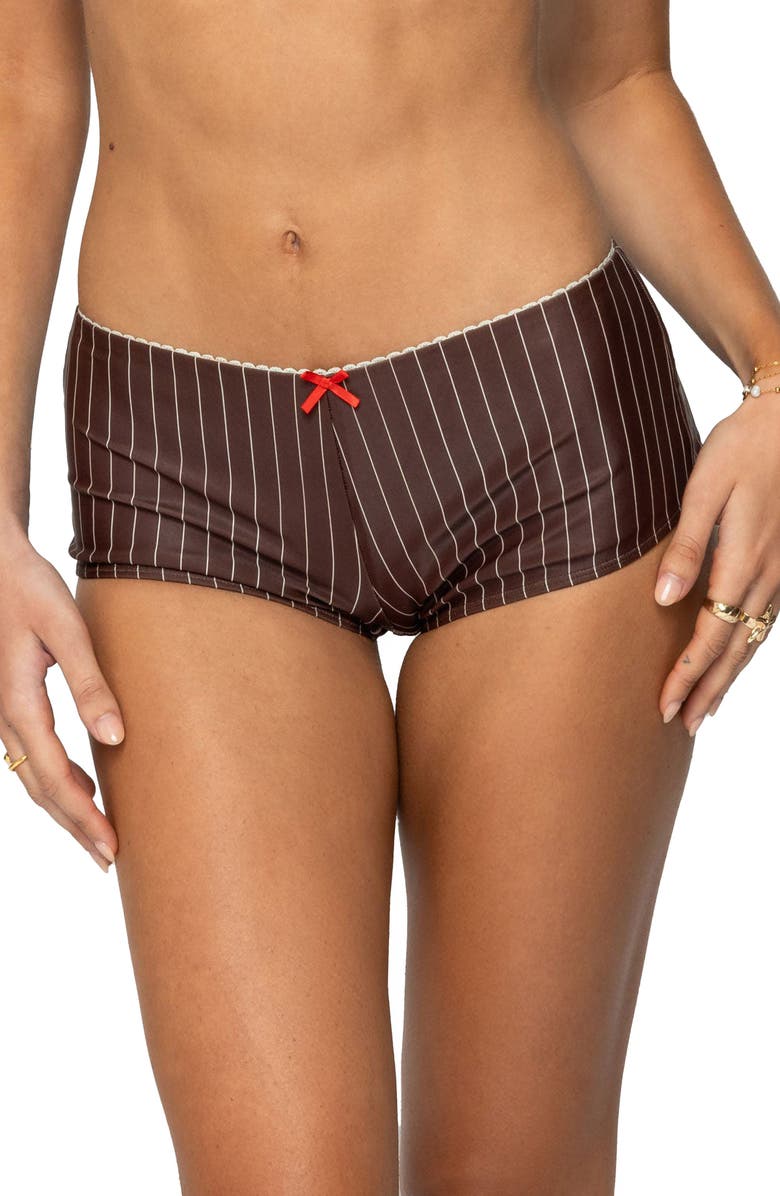 EDIKTED Pinstripe Boyshorts Bikini Bottoms, Main, color, Brown