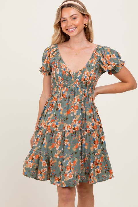 Floral Smocked V-Neck Puff Sleeve Dress