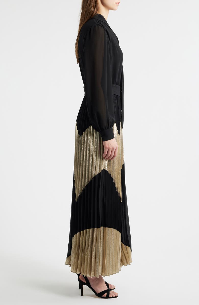 Elie Tahari The Carrie Pleated Chevron Long Sleeve Maxi Dress, Alternate, color, Noir/ Metallic Gold