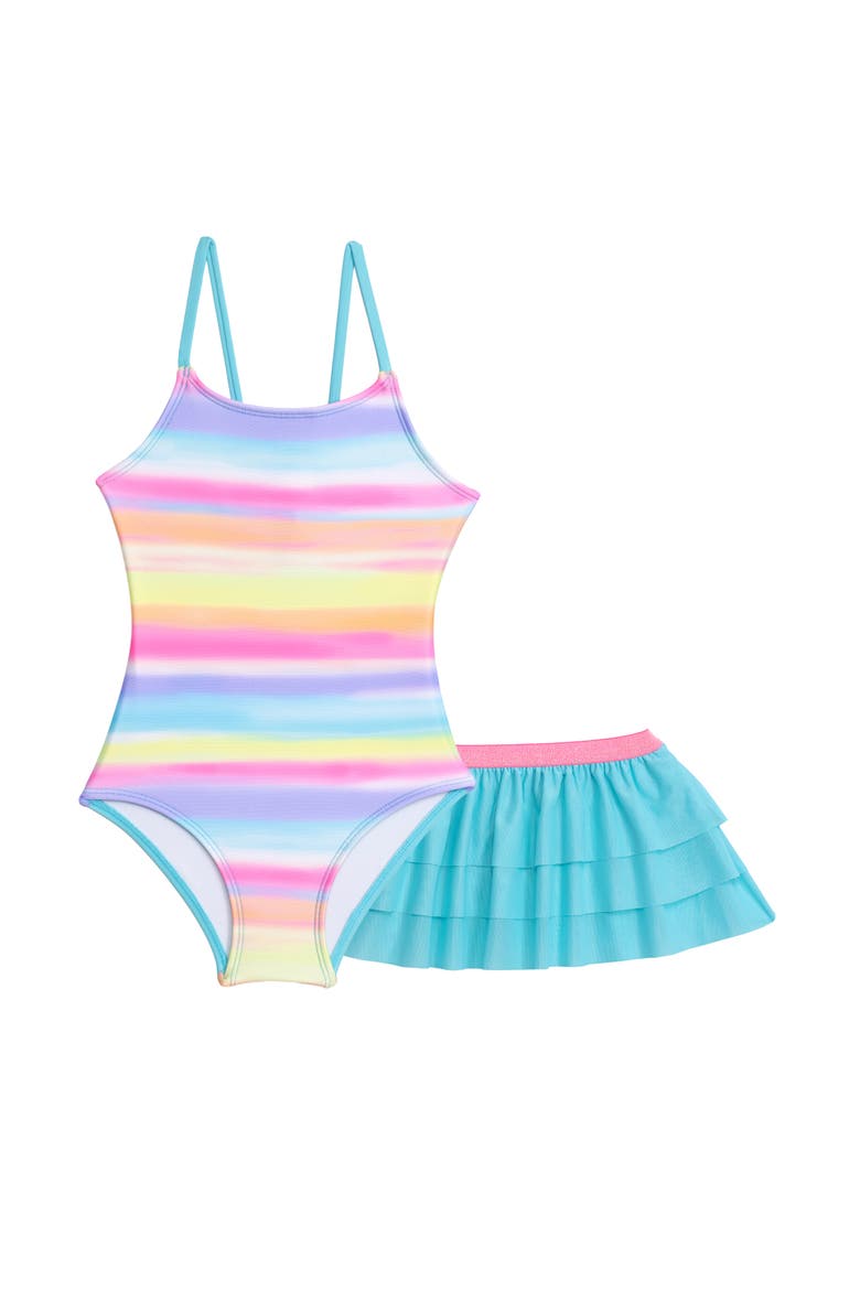 Little Girls X-Back One Piece Swimsuit with Ruffle Coverup Skirt 2-Piece Set, Main, color, Brush Stroke Stripe