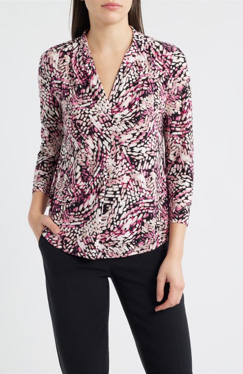 AK ANNE KLEIN Print Pleat Three-Quarter Sleeve Top (Regular & Petite)