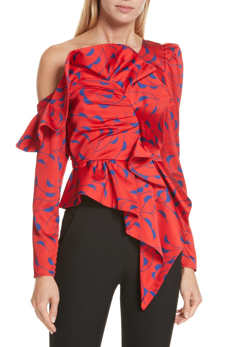 Azalea Print Ruffle Detail One-Shoulder Top, Main, color, RED/ NAVY