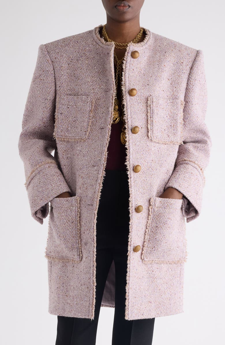 Chloé Fringe Wool Blend Tweed Herringbone Jacket, Main, color, Silky Violet