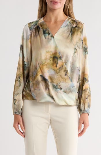 T Tahari Long Sleeve Faux Wrap Blouse In Neutral