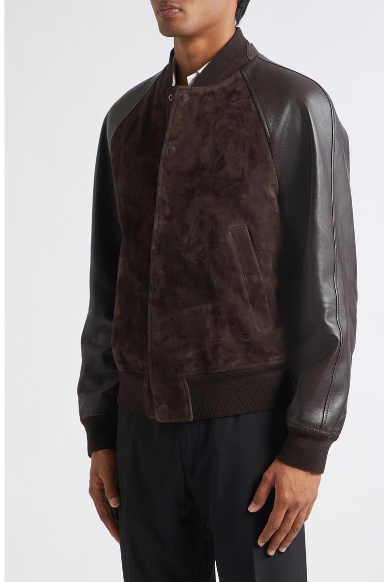 Suede & Leather Bomber Jacket, Alternate, color, DARK BROWN