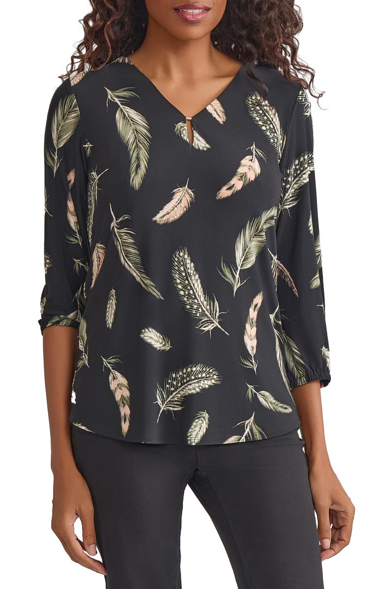 Jones New York Feather Print Knit Top, Main, color, Jones Black Multi