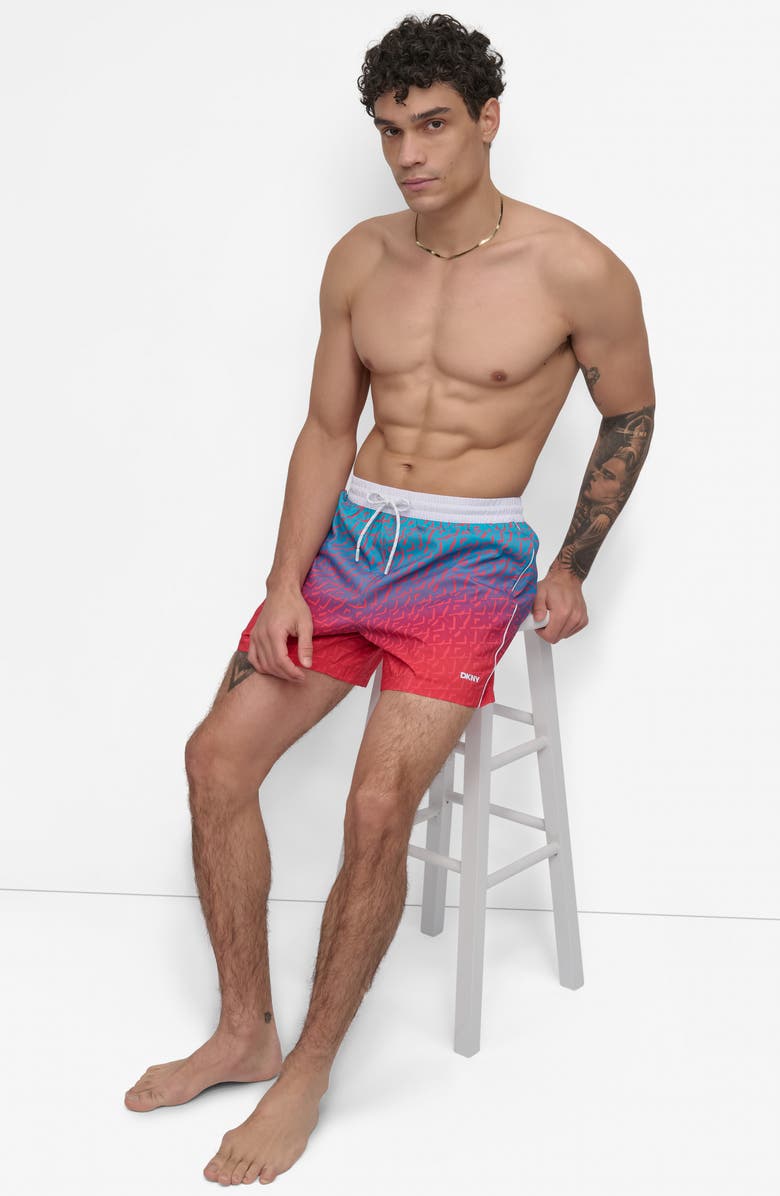 DKNY Modern Euro Swim Trunks, Alternate, color, Red Multi