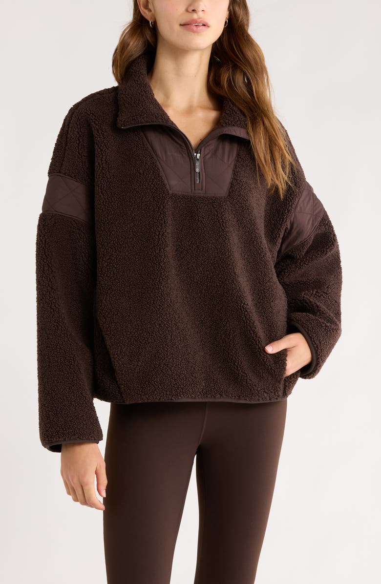 Zella Snowday Faux Shearling Quarter Zip Pullover, Main, color, Brown Mole