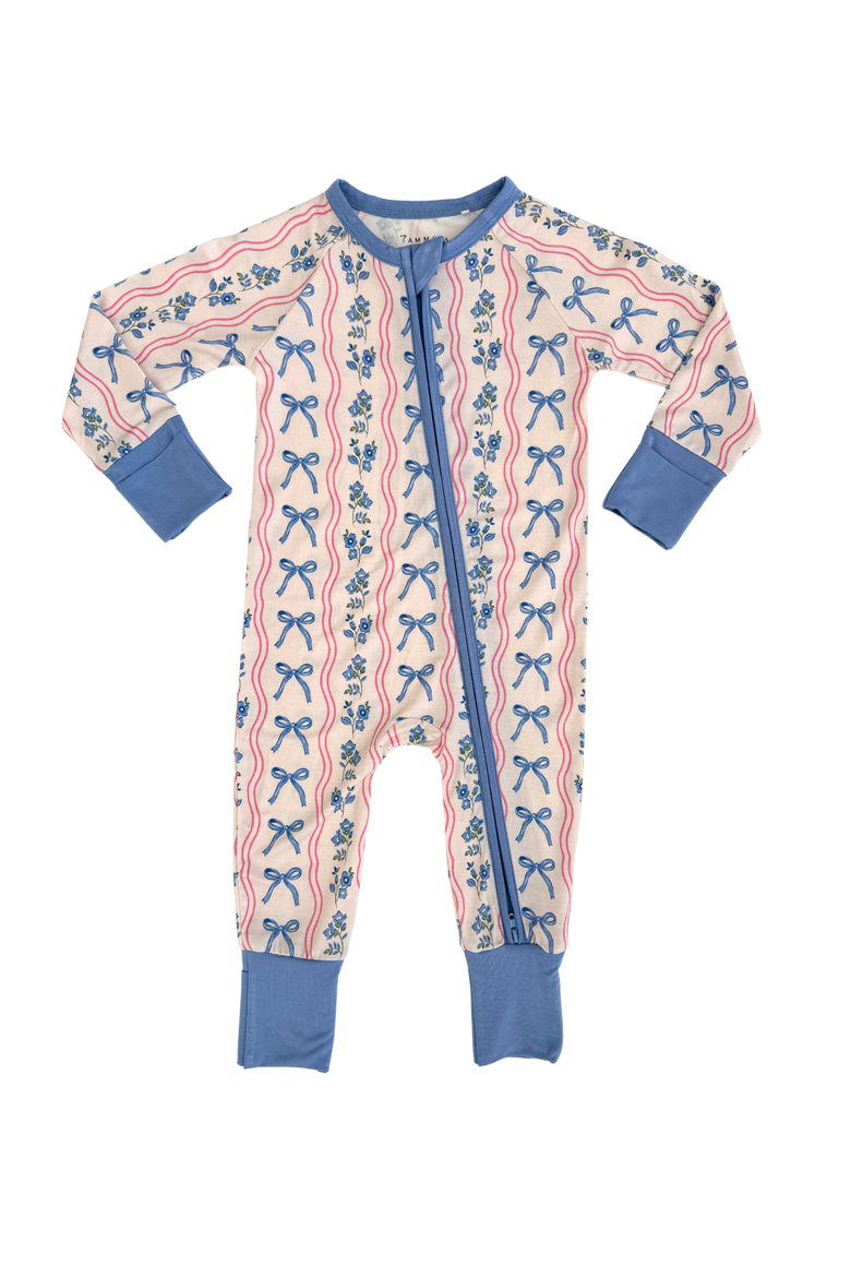 Amelia Bow Zipper Romper, Main, color, Blue Floral