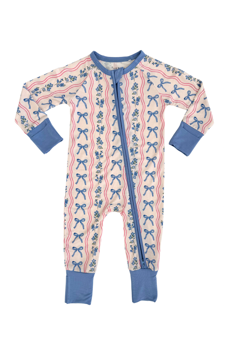 In My Jammers Amelia Bow Zipper Romper, Main, color, Blue Floral