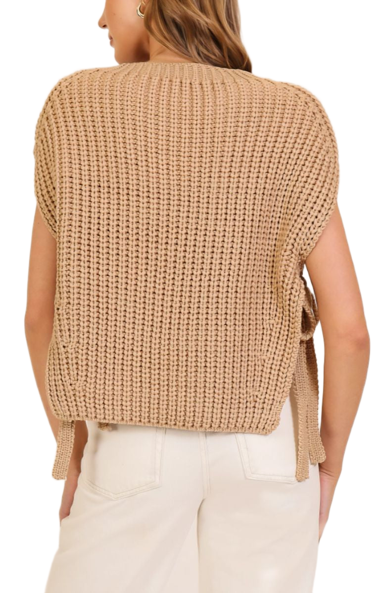 Knit and Lounge Sleeveless Knit Sweater with Side Tie Detail, Alternate, color, Camel
