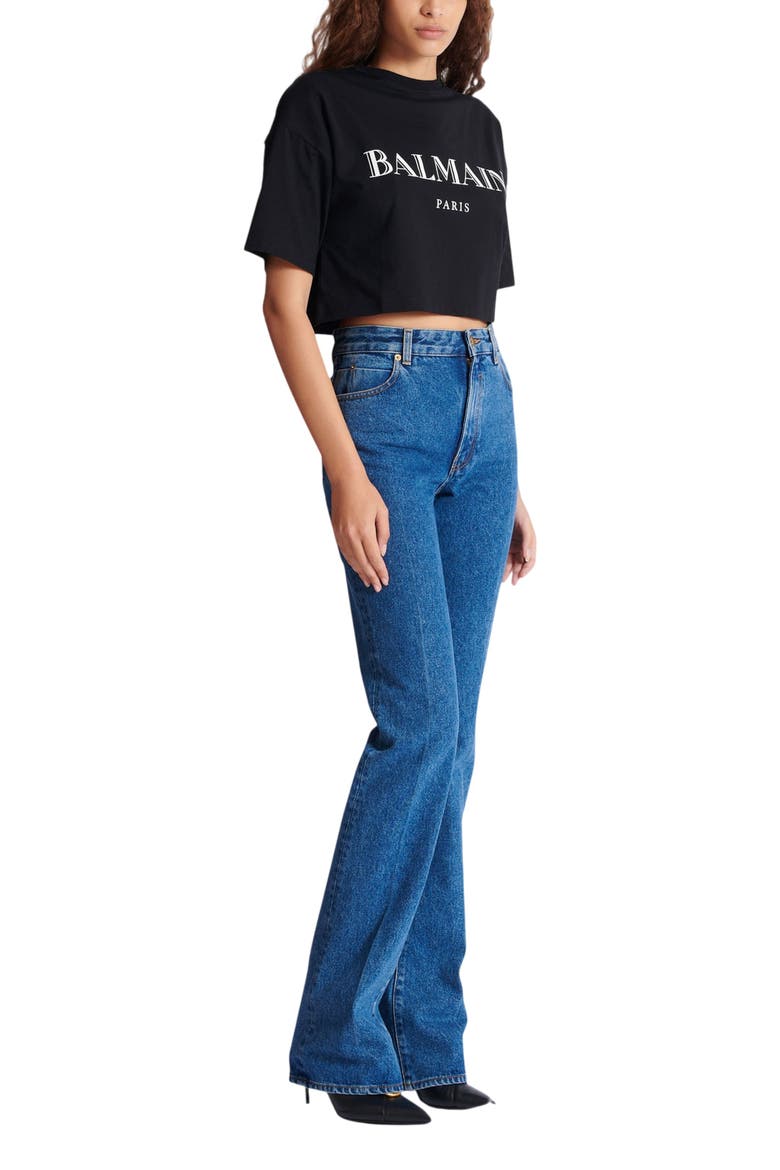 Boxy Cropped T-Shirt with Balmain Print, Main, color, black