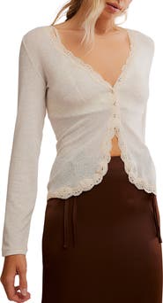 Free People Big Love Lace Trim Knit Button-Up Top
