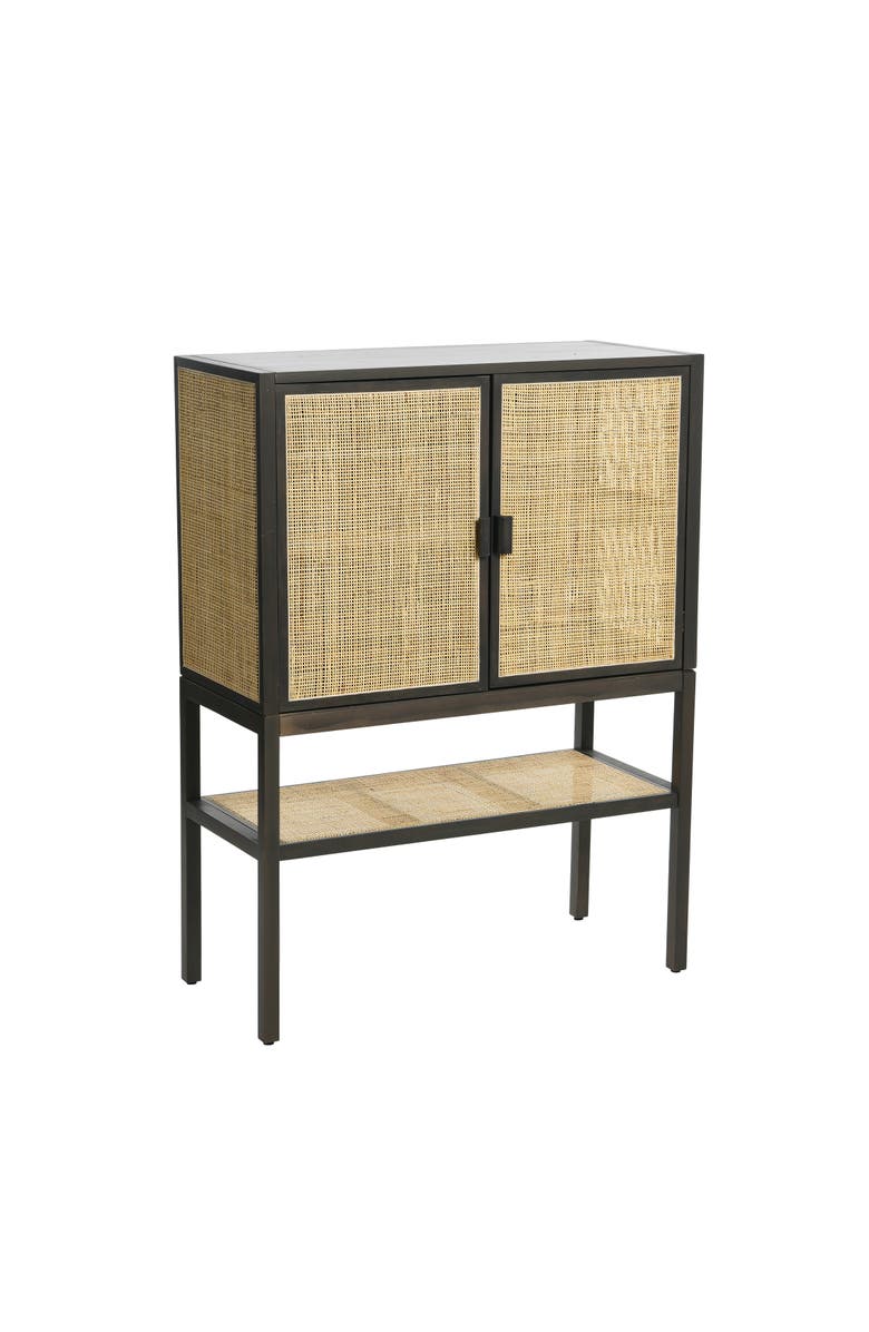 Storied Home Boho Woven Rattan and Wood Cabinet with 2 Doors, 1 Shelf, and 4 Interior Storage Compartments, Grey and Natural, Main, color, Grey