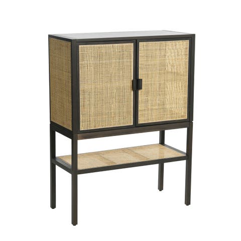 Boho Woven Rattan and Wood Cabinet with 2 Doors, 1 Shelf, and 4 Interior Storage Compartments, Grey and Natural