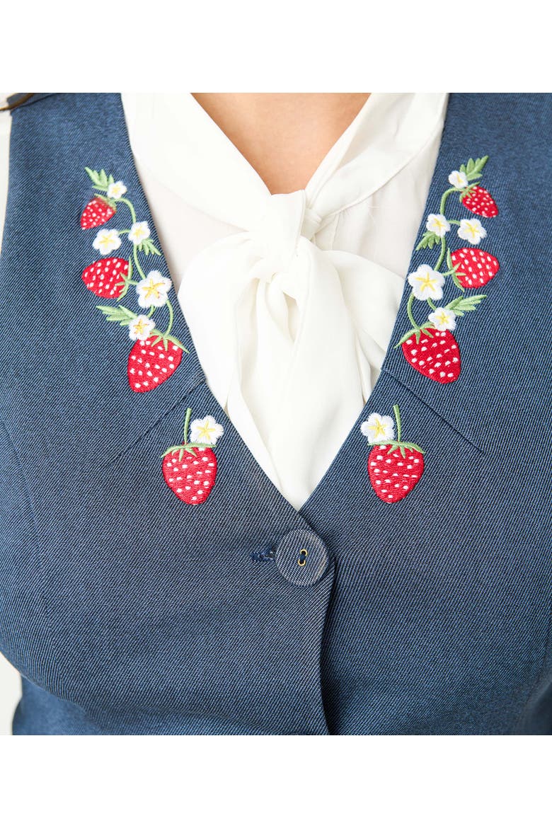1940s Embroidered Button Up Vest, Alternate, color, Denim W/ Strawberries