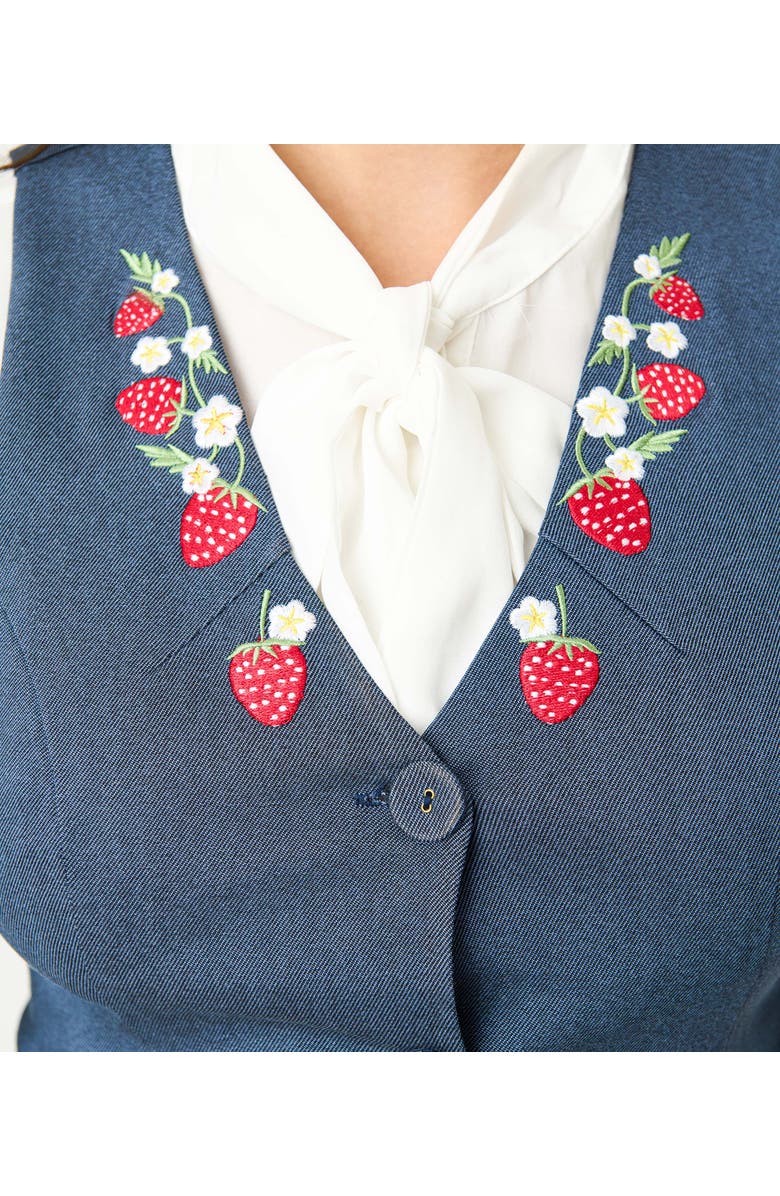 Unique Vintage 1940s Embroidered Button Up Vest, Alternate, color, Denim W/ Strawberries