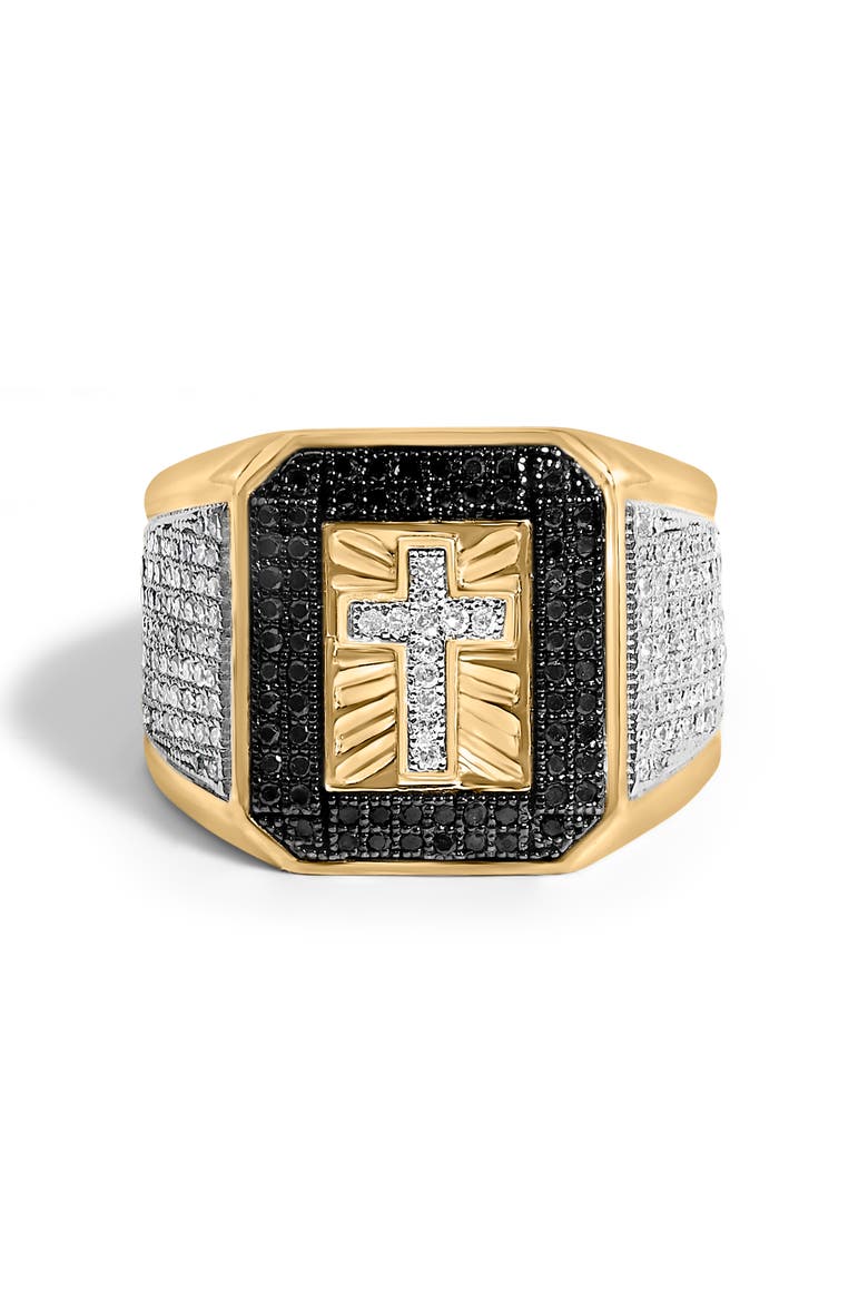 Men's 10K Yellow Gold 1 1/2 ctw White and Black Diamond Cross Signet Ring, Main, color, Yellow Gold