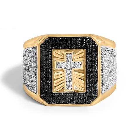 Men's 10K Yellow Gold 1 1/2 ctw White and Black Diamond Cross Signet Ring