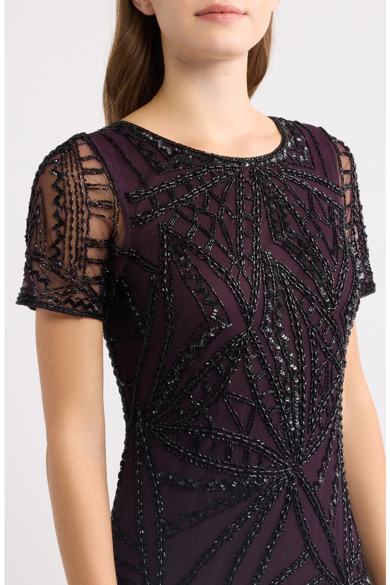 Beaded Short Sleeve Gown, Alternate, color, WINE