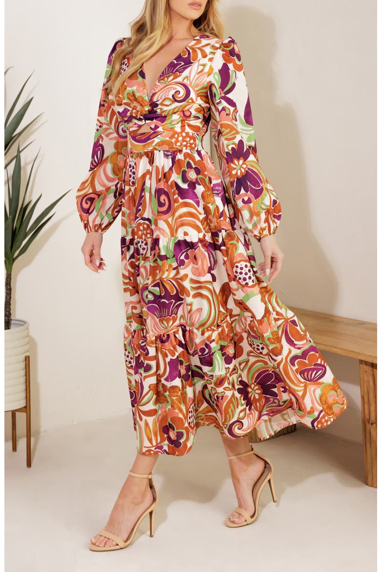 Long Sleeve Tiered Midi Dress, Alternate, color, IVORY RUST