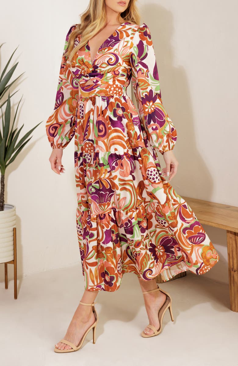 FLYING TOMATO Long Sleeve Tiered Midi Dress, Alternate, color, Ivory Rust