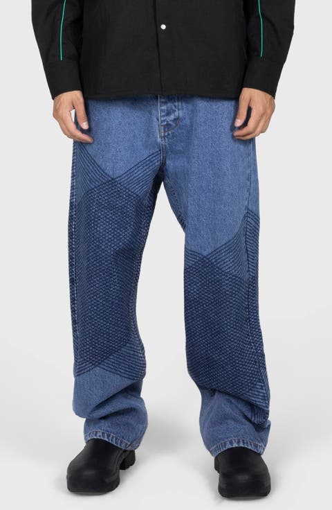 Grid Embroidered Baggy Jeans