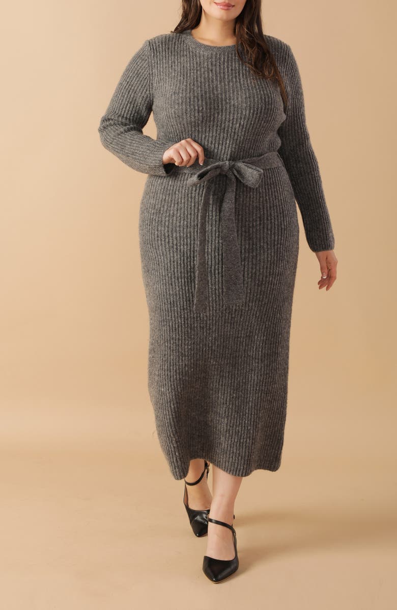 FLYING TOMATO Long Sleeve Midi Sweater Dress, Alternate, color, Heather Grey
