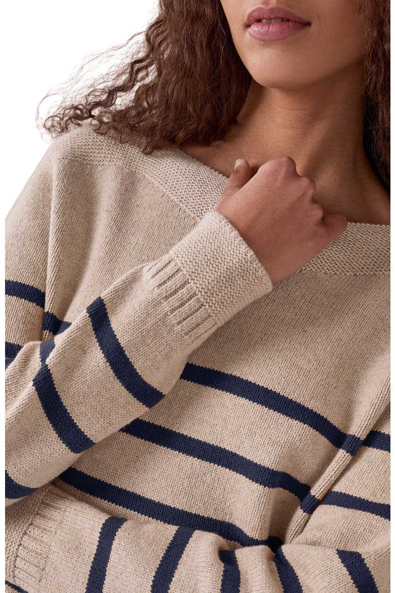 Button Detail Gansey Sweater, Alternate, color, Ecru/Navy Stripe