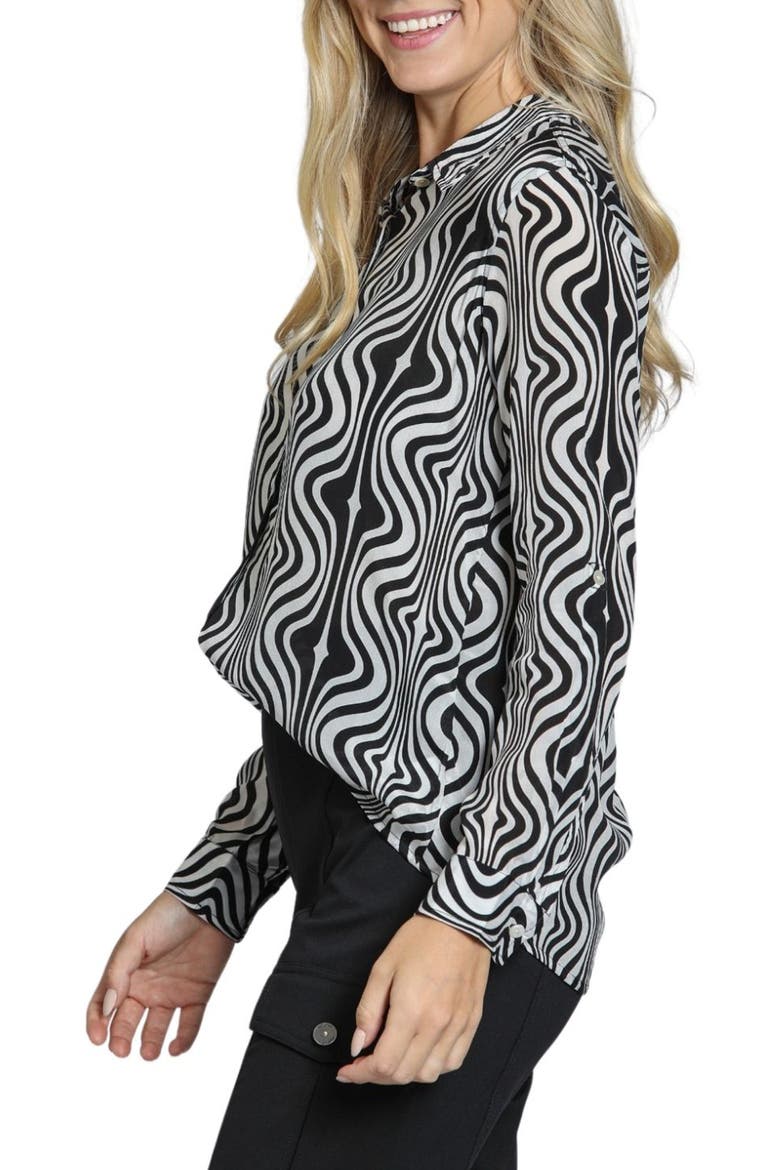 Wavy Print Roll Tab Sleeve Button-Up Shirt, Alternate, color, BLACK/ WHITE