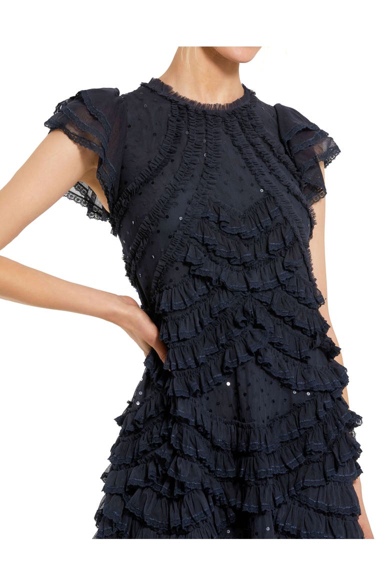 High Neck Ruffle Mesh Midi Dress, Alternate, color, Navy