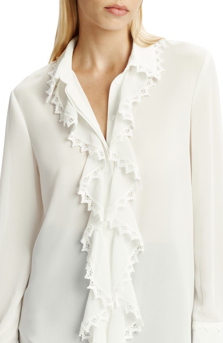 Bardot Jolanda Ruffle Front Button-Up Shirt, Alternate, color, Orchid White