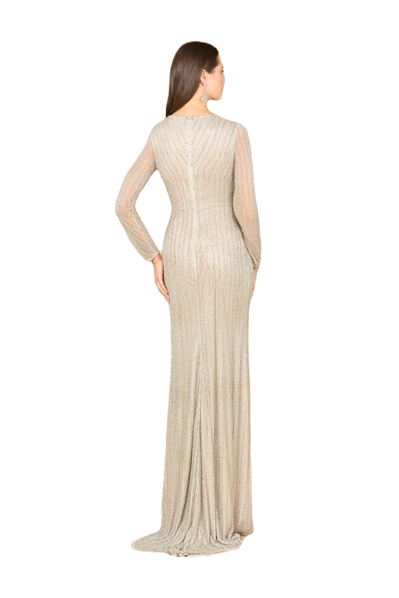 Classic V-Neck Beaded Long Sleeve Gown, Alternate, color, Silver
