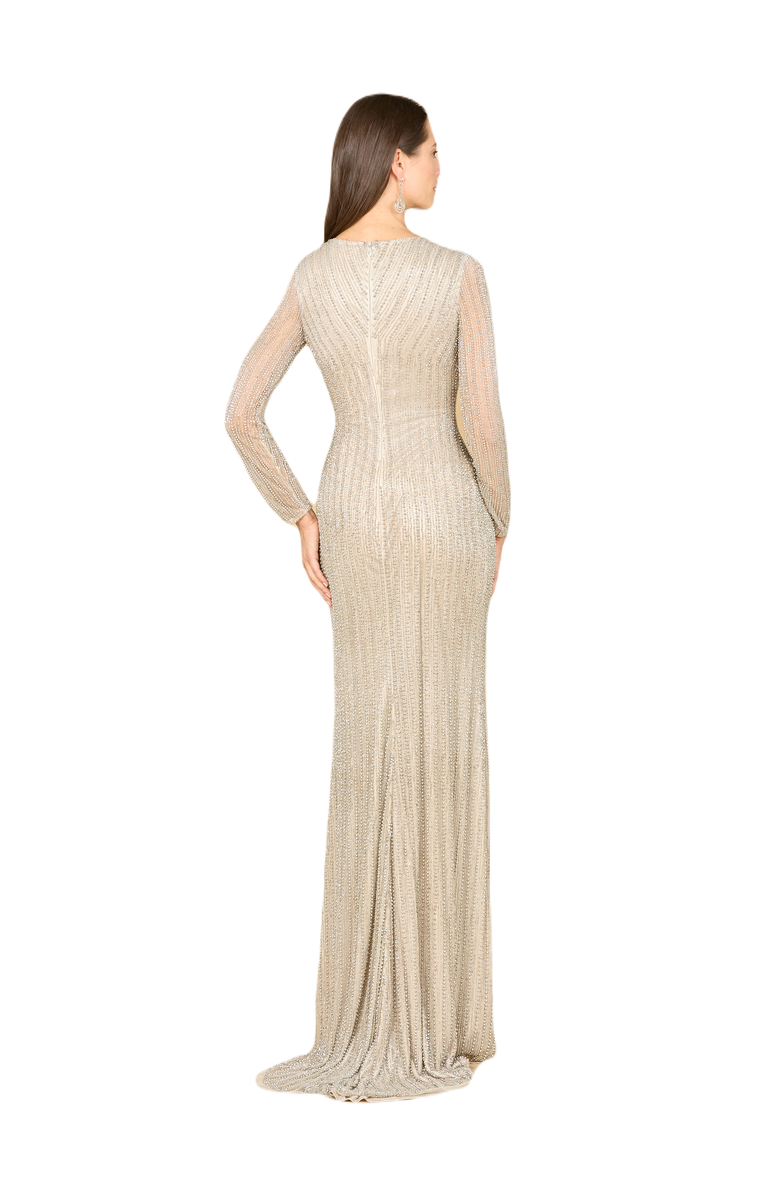 LARA New York Classic V-Neck Beaded Long Sleeve Gown, Alternate, color, Silver