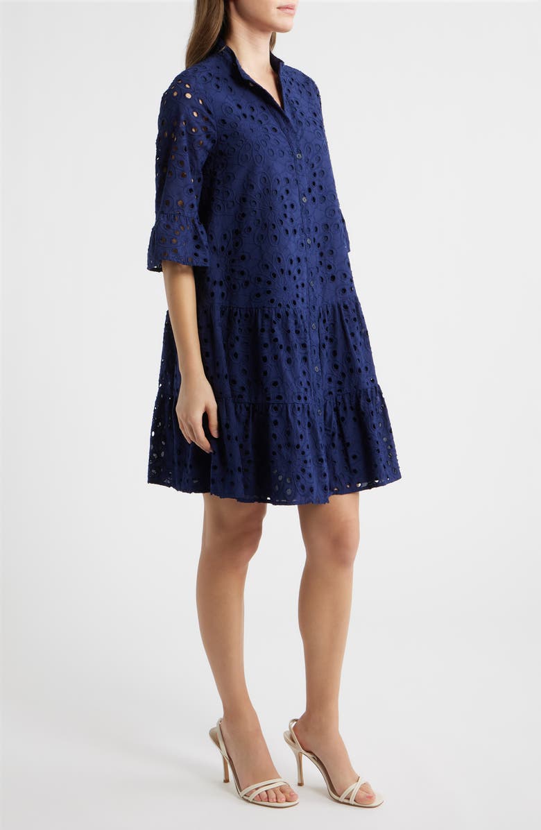 Anne Klein Eyelet Embroidered Tiered Cotton Dress, Alternate, color, Distant Mountain