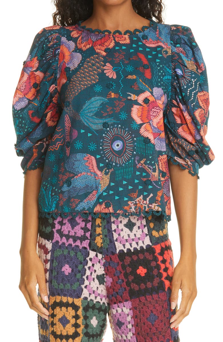 FARM Rio Teal River Creatures Cotton Blouse, Main, color, 
