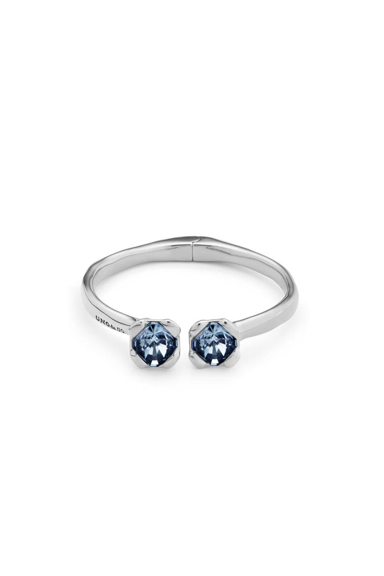 Sterling Silver-Plated Bangle Bracelet with Inner Spring and Two Blue Crystals, Main, color, Silver