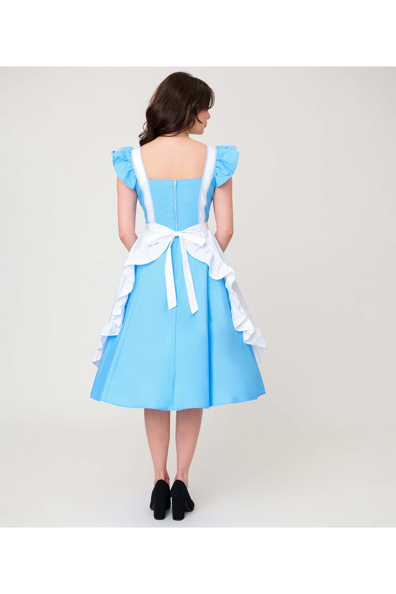 1950s Ruffled Apron Swing Dress, Alternate, color, Blue & White Alice Print