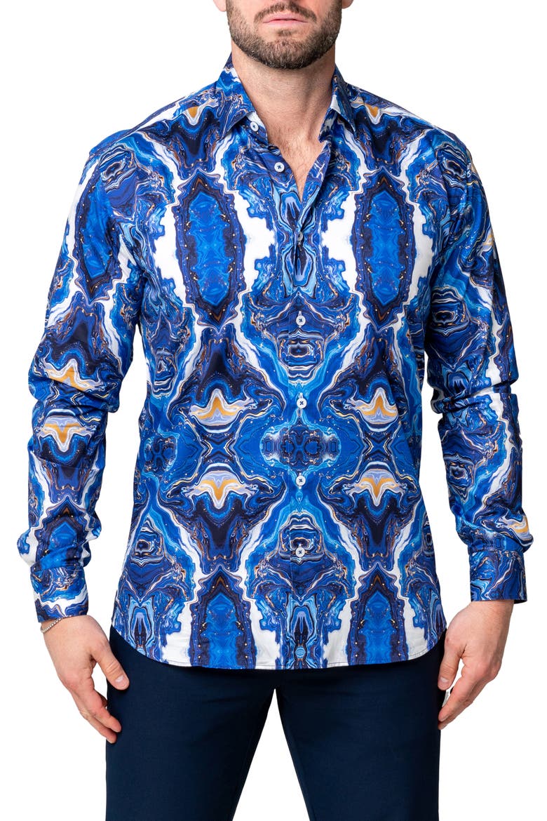 Fibonacci Oilspill Blue Cotton Button-Up Shirt, Main, color, BLUE