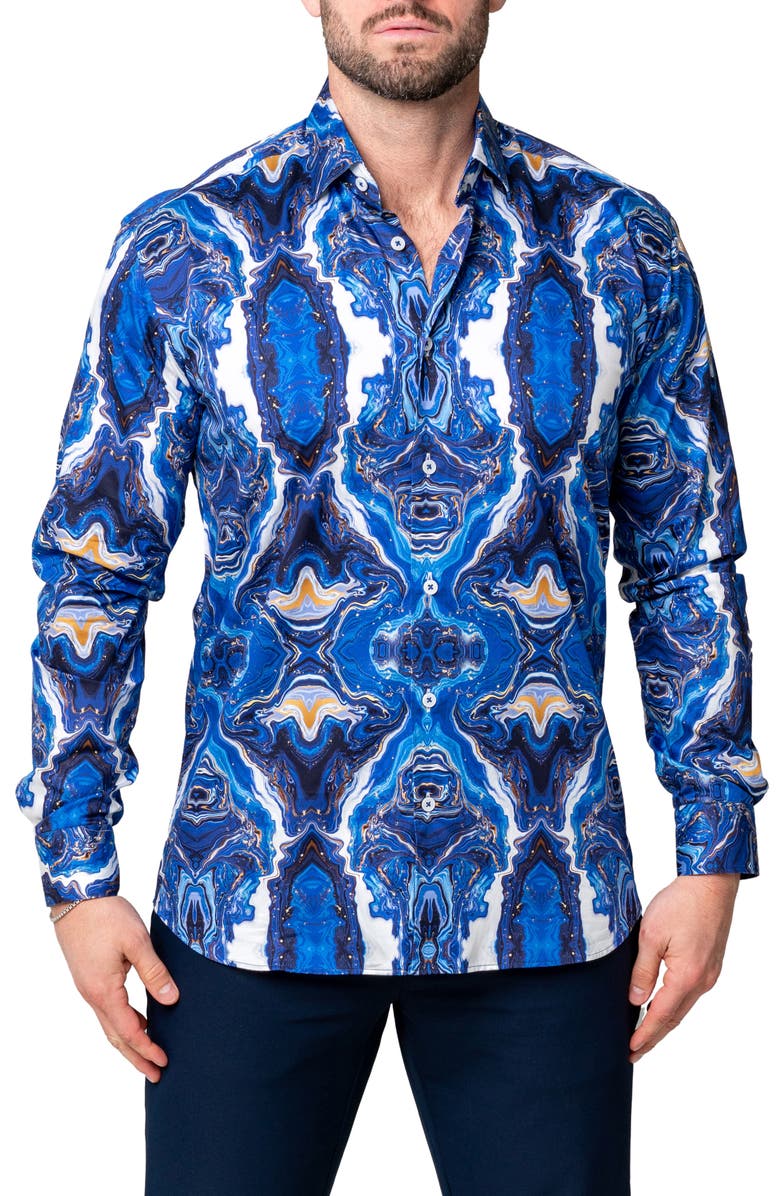 Maceoo Fibonacci Oilspill Blue Cotton Button-Up Shirt, Main, color,