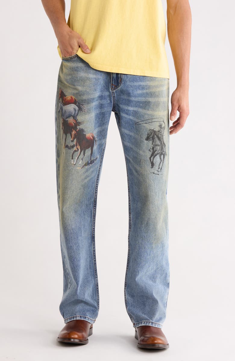 ONE OF THESE DAYS Allover Print Straight Leg Jeans, Main, color, Indigo