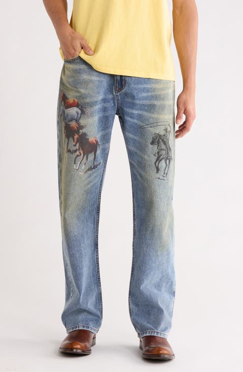 Allover Print Straight Leg Jeans (Indigo)