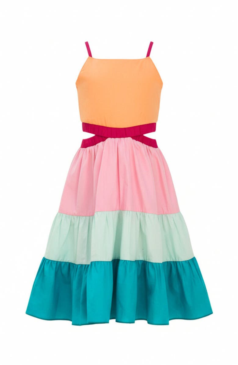 Mia Belle Girls Sunset Sorbet Tiered Colorblock Dress, Main, color, Yellow